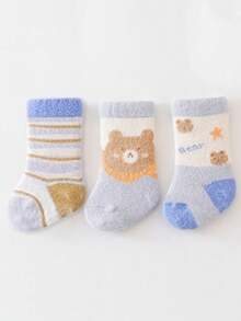 3 Pairs Baby Cotton Socks, Blue Bear Design, Thick & Warm, Autumn/Winter - Multicolor - View 5