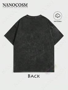 [100% Cotton Top] Cross & Letter Print Washed Tee - Retro Round Neck Breathable Streetwear, Casual Short Sleeve T-Shirt For Summer, Top For All Season-Unisex Women & Men's Daily Wear - 黑色 - 查看 2