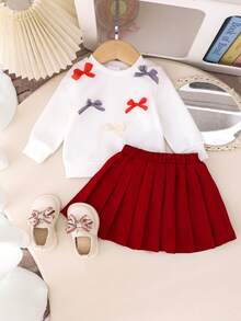 2 件套女婴可爱长袖蝴蝶结上衣 + 裙子套装，轻便，适合春秋季 - 酒紅色 - 查看 2