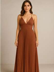 Long Pleated Strap Dress For Parties And Weddings - Rỉ Nâu - Xem 1