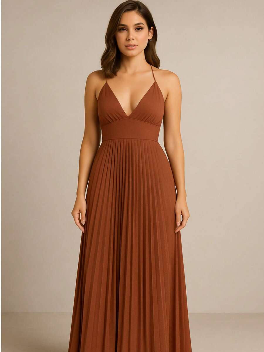 Long Pleated Strap Dress For Parties And Weddings - Rỉ Nâu - Xem 1