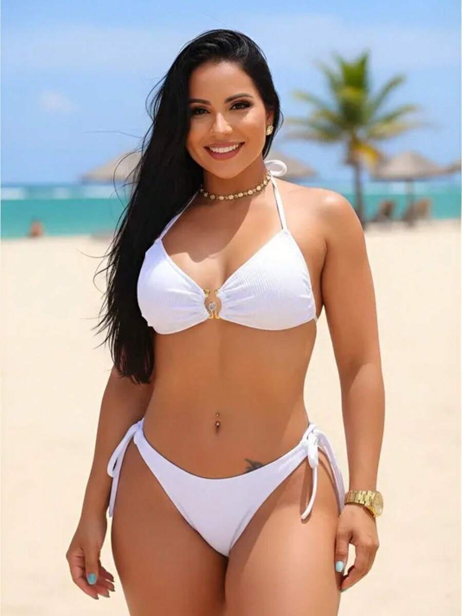 White Bikini Set With Spaghetti Straps And Knot And Tie Details, Featuring Medium Stretch Fabric And A Side Tie Bottom - 白色 - 查看 1