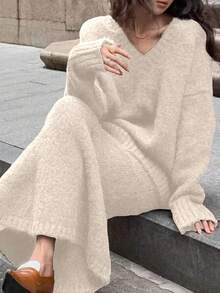 2pcs Versatile Fashion Women Sweater Set, Brown V-Neck Long Sleeve Knit Top, Solid Color Elegant 2 Pieces Outfit For Autumn/Winter Outings Fall - Apricot - View 4