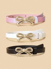3条装儿童蝴蝶结细腰带，高品质PU腰带，适用于牛仔裤、连衣裙 - 黑白彩 - 查看 2