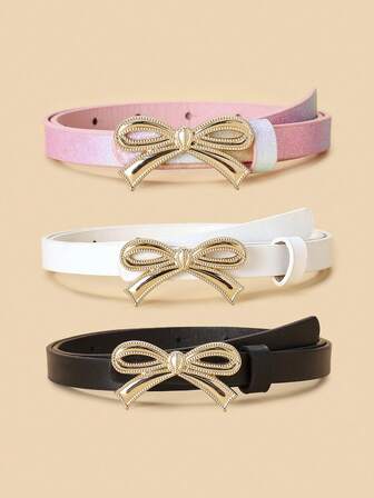 3条装儿童蝴蝶结细腰带，高品质PU腰带，适用于牛仔裤、连衣裙