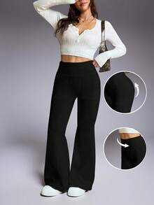 Winter 1pc Women's Plus Size High Waist Yoga Flare Pants, Fashionable, Suitable For Autumn/Winter, Multifunctional Outdoor Cycling, Thermal Lined, Thick, Flattering - Black - View 2