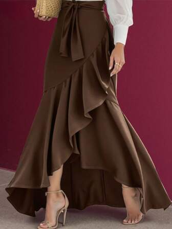 Falda elegante de mujer con cinturón, asimétrica y con volantes en el bajo, de unicolor, casual y sexy para citas, Halloween