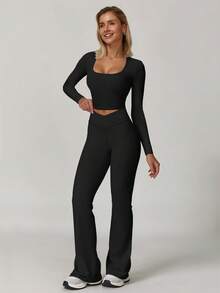 Women's Fashion U-Neck Long Sleeve T-Shirt And Waist Crossover Sports Pants Autumn Winter,Fleece