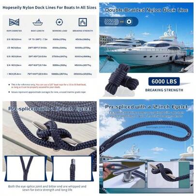 12x 15' Boat Dock Line, Double Braided Nylon Mooring Rope With 12 Eyelet, Marine Grade Accessories Yachts Pontoons Bass Boats Bowriders Jet Skis WaveRunners Sea Doos, Navy Blue 4Pack