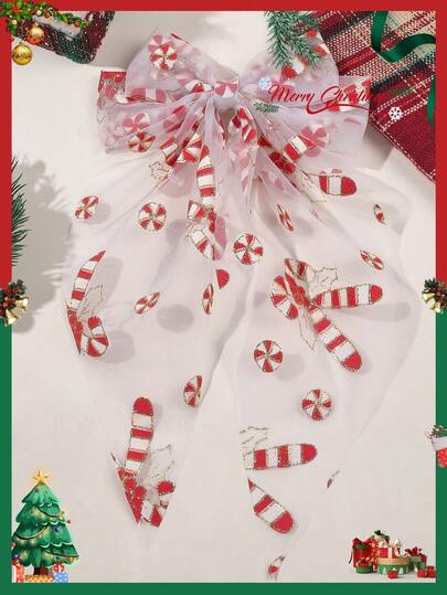 1pc Christmas Party Candy Cane Gold Trim Glitter Print Shiny Organza Bow Barrette Hair Clip Accessory, Claw Clips, Hair Slide, Hair Barrettes