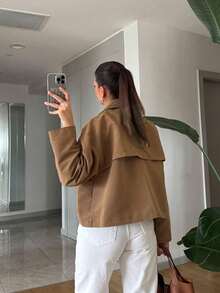 SMILE CHIC Classic Camel Short Trench Coat, Solid Color Pockets Zipper Double-Breasted, Coffee Brown, Elegant For Commuting & Everyday Wear, Suitable For Work - Mocha Brown - View 3