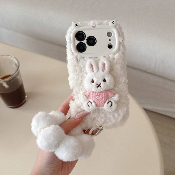 Nova capa de celular de pelúcia com estampa de coelho e cordão para outono/inverno, compatível com iPhone 17 Pro Max/17 Pro/16, 15 Pro Max/15 Pro/15, 14 Pro Max/14 Pro/14, 13 Pro Max, confortável e quente, minimalista, capa de celular fofa de pelúcia para mulheres