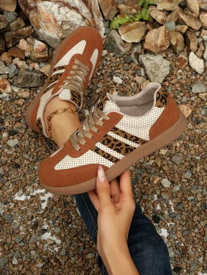 Women's Casual Versatile Leopard Print Accent Sneakers, Fashion Eye-Catching Comfortable Rubber Soft Sole Athletic Shoes, Breathable Lightweight Patchwork Sports Shoes For Women