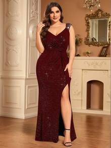 EVERPRETTY 大码女式亮片装饰酒红色高开衩晚礼服，适合正式晚宴、婚礼宾客和节日场合 - 酒紅色 - 查看 2