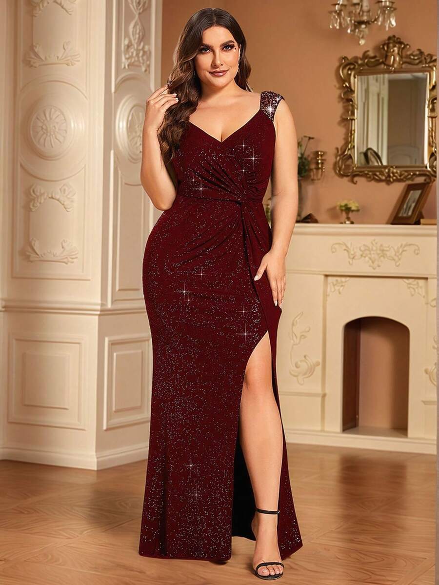 EVERPRETTY 大码女式亮片装饰酒红色高开衩晚礼服，适合正式晚宴、婚礼宾客和节日场合