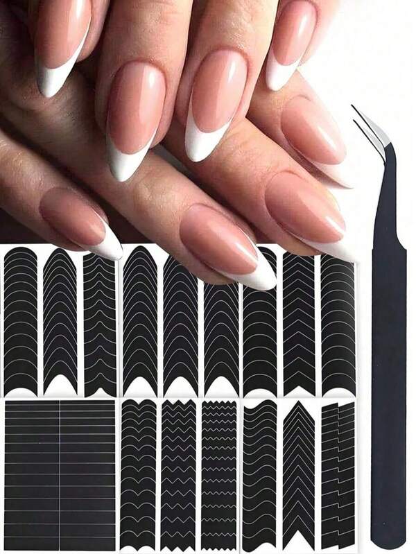 390 peças de adesivos de unha para manicure francesa preta, adesivos de linha de sorriso para nail art, adesivos de unha para iniciantes, ferramentas decorativas para nail art