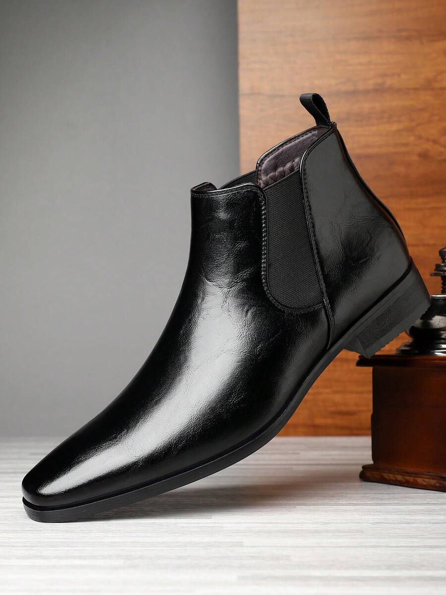 1 Paar Herren Elastic Side runder Zehenpartie Low Heel PU Leder Obermaterial Gummisohle Leicht Schlüpfen Chelsea Stiefel, geeignet für Business Lässig Anlässe - Schwarz - Übersicht 1