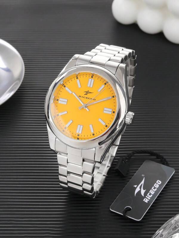 RICECGO RICECGO 1 PC Classic High-End Men's Quartz Watch, Silver Watch, Stainless Steel Strap, Featuring A Calendar Display, Luxurious And Fashionable, Perfect For Holiday Gifts And Daily Wear.