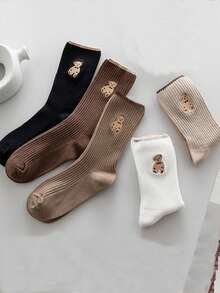 5 Pairs Women's Bear Pattern Mid-Calf Socks, Casual/Preppy Style Short Socks, Assorted Colors, Spring/Summer - Multicolor - View 6