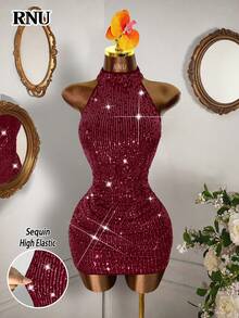 RNU Đầm ôm sát gợi cảm, hở lưng, màu đỏ tía đính sequin, co giãn, thích hợp cho hẹn hò, tiệc hóa trang, hộp đêm, dạo phố, ngày Valentine, sinh nhật năm mới, mùa xuân/hè/thu/đông. - Màu Đỏ Sâu - Xem 7