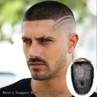 Men Human Hair Short Buzz Cut PU Thin Skin Toupee Straight Transparent Biological Scalp Hair Toppers Toupee Piece Wig Invisible Hairpiece For Thinning Hair Or Bald Natural Look Hairpiece Natural Black For Men