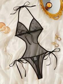 半透明系带露背连体裤，性感女装春季黑色 - 黑色 - 查看 3