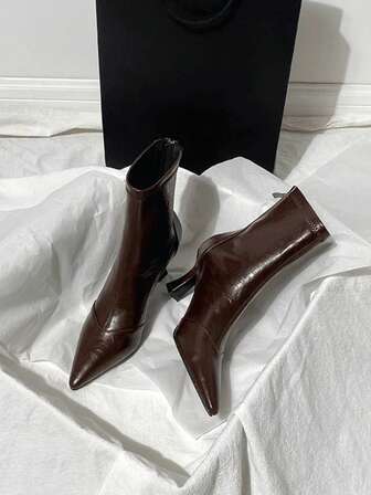 Fall/Winter Women's Fashion Pointed Toe Thin Heel Black & Brown PU Leather Zipper Ankle Boots,Burgundy Heels