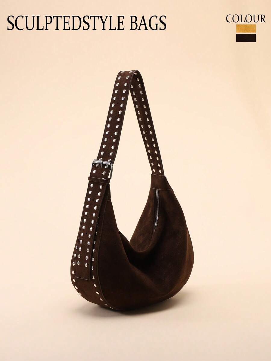 1pc Maillard Color Rivet Studded Asymmetric Shoulder Bag, European & American Fashion Personalized Motorcycle Bag, Women's Soft Slouchy Large Capacity Dumpling Bag, Punk Rock Style, Suitable For Daily Commute, Street Wear, And Dates