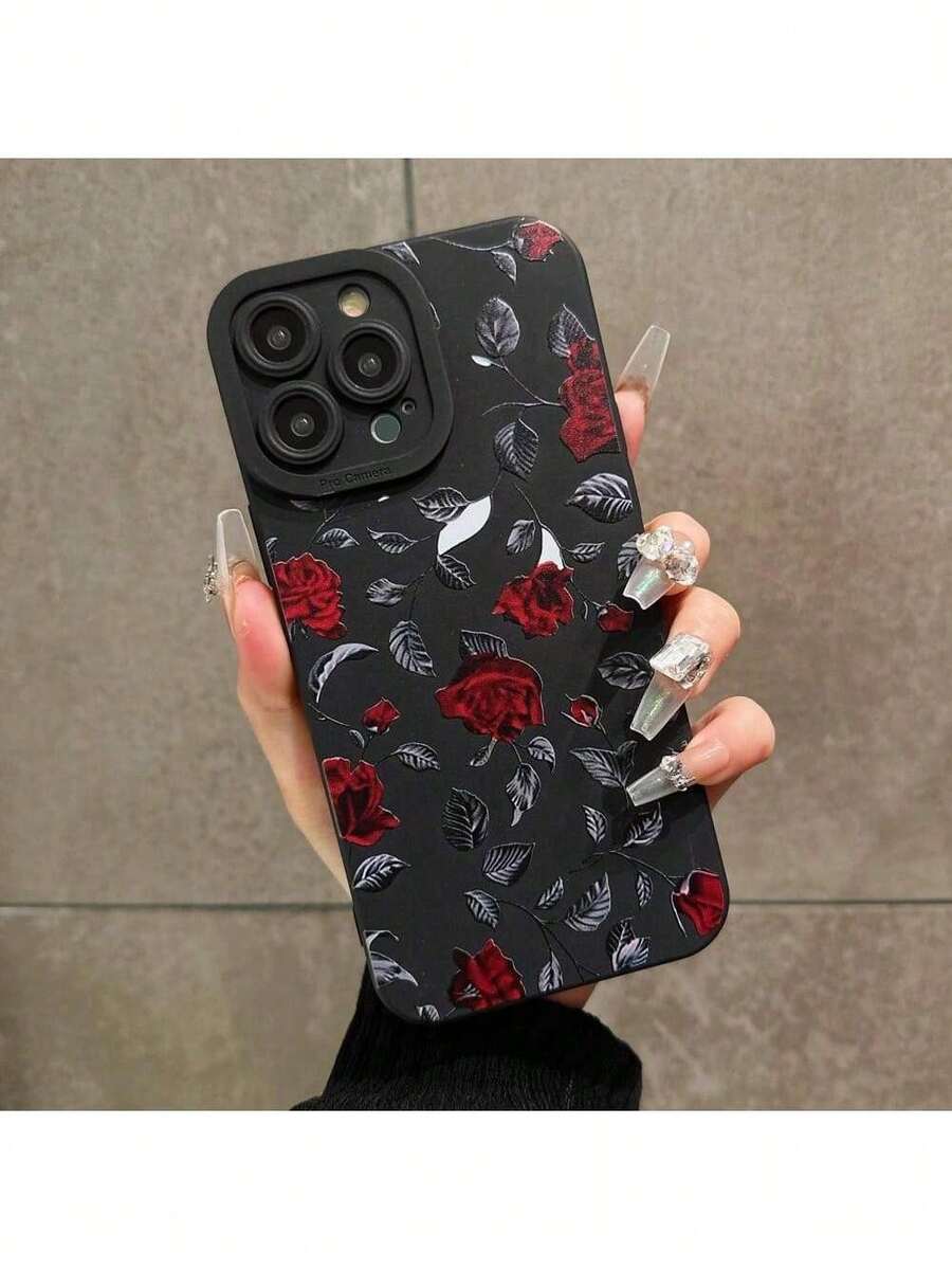 Funda de Teléfono con Patrón de Rosas, Cubierta Protectora a Prueba de Golpes, Fundas de Teléfono Todo Incluido Compatibles con X XR XS Max 11 12 13 14 15 Pro Max, Fundas 15 14 Plus, Accesorios para TeléfonosFunda con impresión HD - Negro - Ver 1