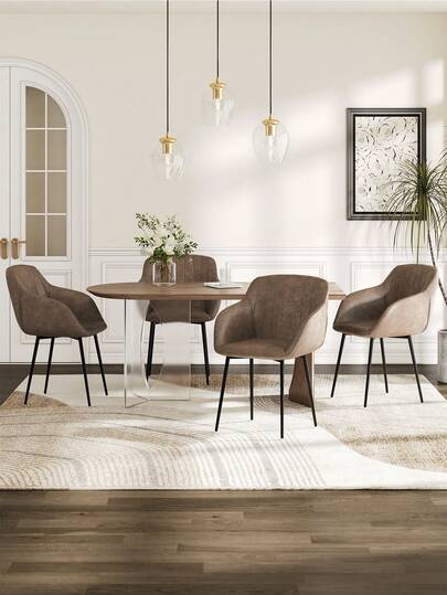 Goeurvant Contemporary Vertical-Stripe Upholstered Dining Chairs With Armrests & Metal Legs For Dining Room, Kitchen, Living Room - Set Of 2 / Set Of 4 / Set Of 6 - Dark Brown