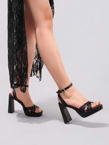 Giày sandal cao gót màu đen phối ren dành cho nữ, giày dự tiệc gợi cảm với đế chống thấm nước, mũi vuông, dép lê thời trang, phù hợp với trang phục mùa xuân hè. - màu đen - Xem 9