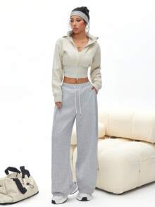 Women's Loose Pleated Solid Color Casual Sweatpants, Suitable For Spring And Autumn - Grey - View 5
