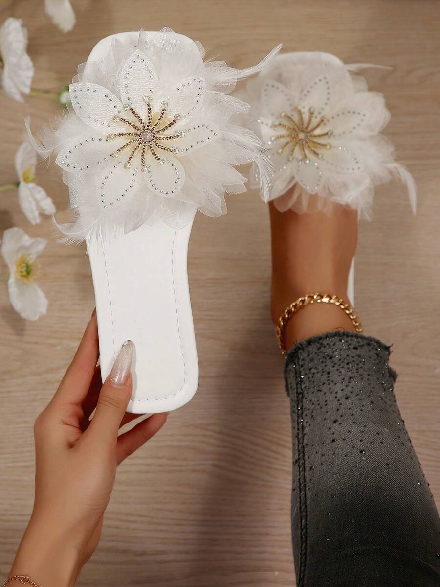 法式纯色优雅时尚休闲通勤商务女神方头花卉图案平底鞋，女士新款春夏法式优雅百搭舒适鞋 - 白色 - 查看 1