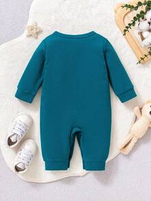 新生儿动物刺绣图案圆领长袖连体衣 - 水鴨藍 - 查看 2