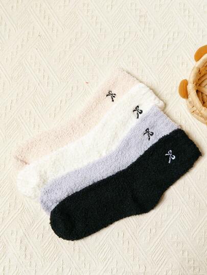 2 Pairs Of Women's Floor Socks, Thick Autumn And Winter Socks With Fluffy Bows, In Random Colors