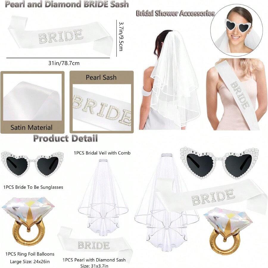 4PCS Bride To Be Sash And Veil Pearl Bride Sunglasses Ring Balloons Bridal Shower Accessories For Bachelorette - Pearl - View 1