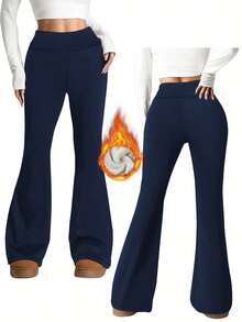 Fleece Lined Pants Women Thermal Yoga Pants With Pockets High Waist Warm Pants Winter Flare Leggings For Women - 藏蓝色 - 查看 4