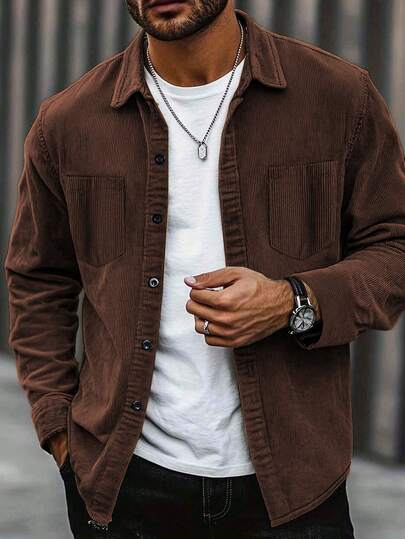 Plus Size Men's Corduroy Jacket Shirt, Fashionable Corduroy Fabric Men's Casual Shirt Jacket, Lapel Collar, Button Front, Long Sleeve, Dual Pockets Design, Suitable For Daily Casual, Fashion, Minimalist, Commuting, Street Style, Spring And Autumn Wear, Great Gift For Men!