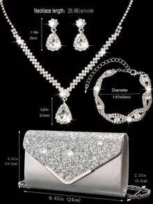 Women's Diamond Jewelry Sparkling Luxury Rhinestone Jewelry Set Sparkling Necklace Earrings Bracelet Set Silver Sparkling Glitter V-Shaped Metal Flip Envelope Bag Fashion Banquet Bag Handbag Wallet Handbag Elegant Handbag Banquet Bag Handbag Women's Ball Handbag Women's Bridal Banquet Bag Ball Handbag Metal Chain Handbag Wedding Party Handbag Cocktail Party Wedding New Wallet Banquet Bag - Silver - View 9
