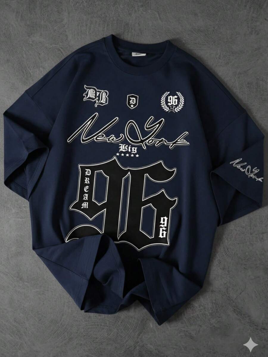 Stylish Women's T-Shirt Printed Big New York Launch 100% Cotton T-Shirt Loose Oversized Plus Size T-Shirt - 藏蓝色 - 查看 1