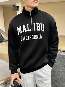 Manfinity Hypemode Sudadera con media cremallera y hombros caídos con gráfico de letras para hombre, otoño - Negro - Ver 3