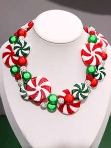 1件优雅、独特、可爱、复古、梦幻的圣诞薄荷糖项链，配有绿色、银色、红色和水晶珠子，女士节日派对首饰 - 彩色 - 查看 1