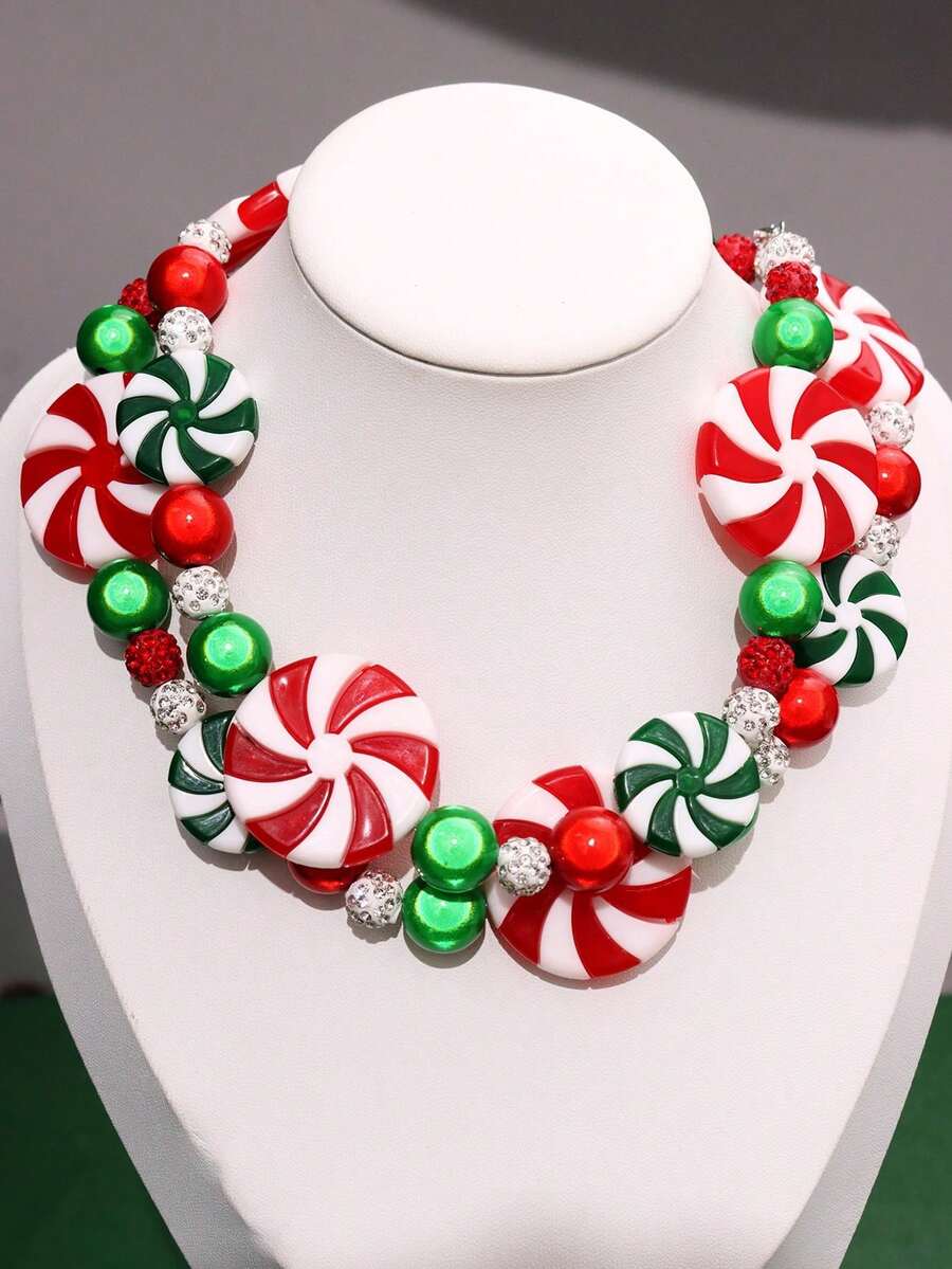 1件优雅、独特、可爱、复古、梦幻的圣诞薄荷糖项链，配有绿色、银色、红色和水晶珠子，女士节日派对首饰 - 彩色 - 查看 1