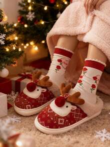 Pantuflas de felpa cálidas con puntera redonda con diseño de reno de dibujos animados, pantuflas interiores lindas con renos, regalo de Navidad a la moda