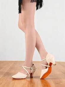 Women Closed Toe Latin Salsa Ballroom Dance Heels Ankle Straps Dancing Shoes - White - View 4