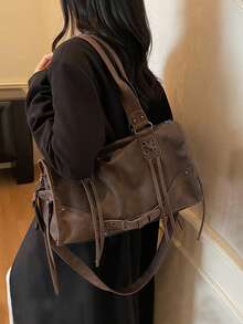 2025 New Vintage Fashionable Motorcycle Bag, Casual Versatile Shoulder Tote Bag, Large Capacity Commuter Handbag