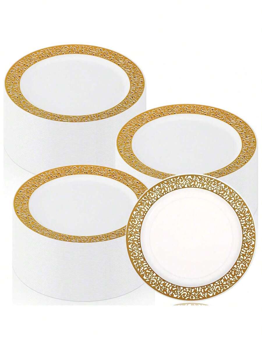 50/25/14/7/1 قطعة أطباق طعام ذهبية فارغة ذات قاعدة بيضاء، صينية طعام، طبق سلطة فواكه، طبق عشاء، طبق، أدوات سلطة قابلة للغسيل، قابلة لإعادة الاستخدام، سهلة التنظيف. مناسبة لديكور حفلات الزفاف وأعياد الميلاد والتجمعات العائلية والأنشطة الخارجية وحفلات المدرسة والمطاعم والمطبخ، هدايا موسمية للمنزل والمدرسة - الذهب على الأبيض - مشاهدة 1