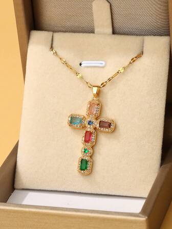 1pc Copper Material Micro-Inlaid Colorful Zirconia Cross Pendant, Luxurious & Generous, Titanium Steel Lip Chain, Religious Jewelry Gift, Essential For Women's Daily Commute