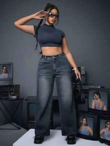 Elegant Wide Leg Jeans Daily Plus Size Summer Outfit For Women High Waist Straight Tube Retro Blue Casual Denim Long Pants