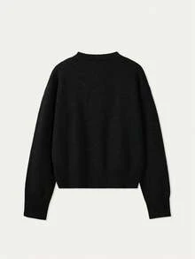 Women's Black Round Neck Long Sleeve Knit Cardigan, New Casual Loose Soft Sweater, Fashion Elegant Minimalist Solid Color, New Year Top - Black - View 5